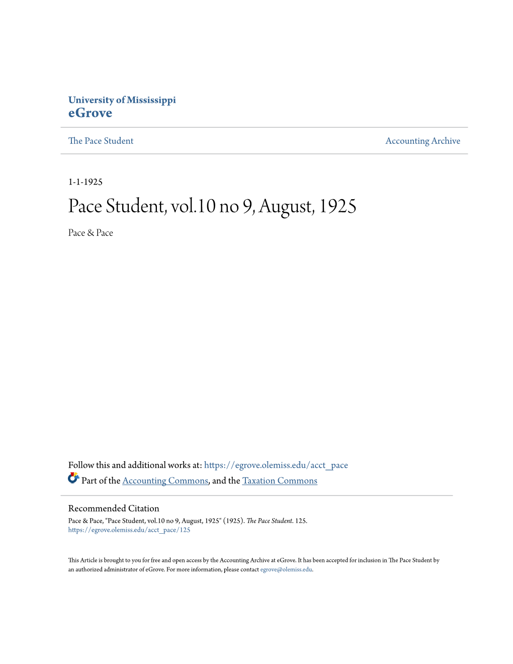 Pace Student, Vol.10 No 9, August, 1925 Pace & Pace