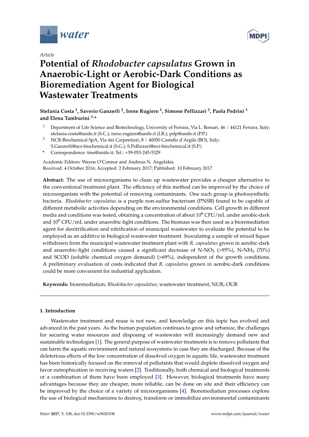 Potential of Rhodobacter Capsulatus Grown in Anaerobic-Light Or Aerobic-Dark Conditions As Bioremediation Agent for Biological Wastewater Treatments