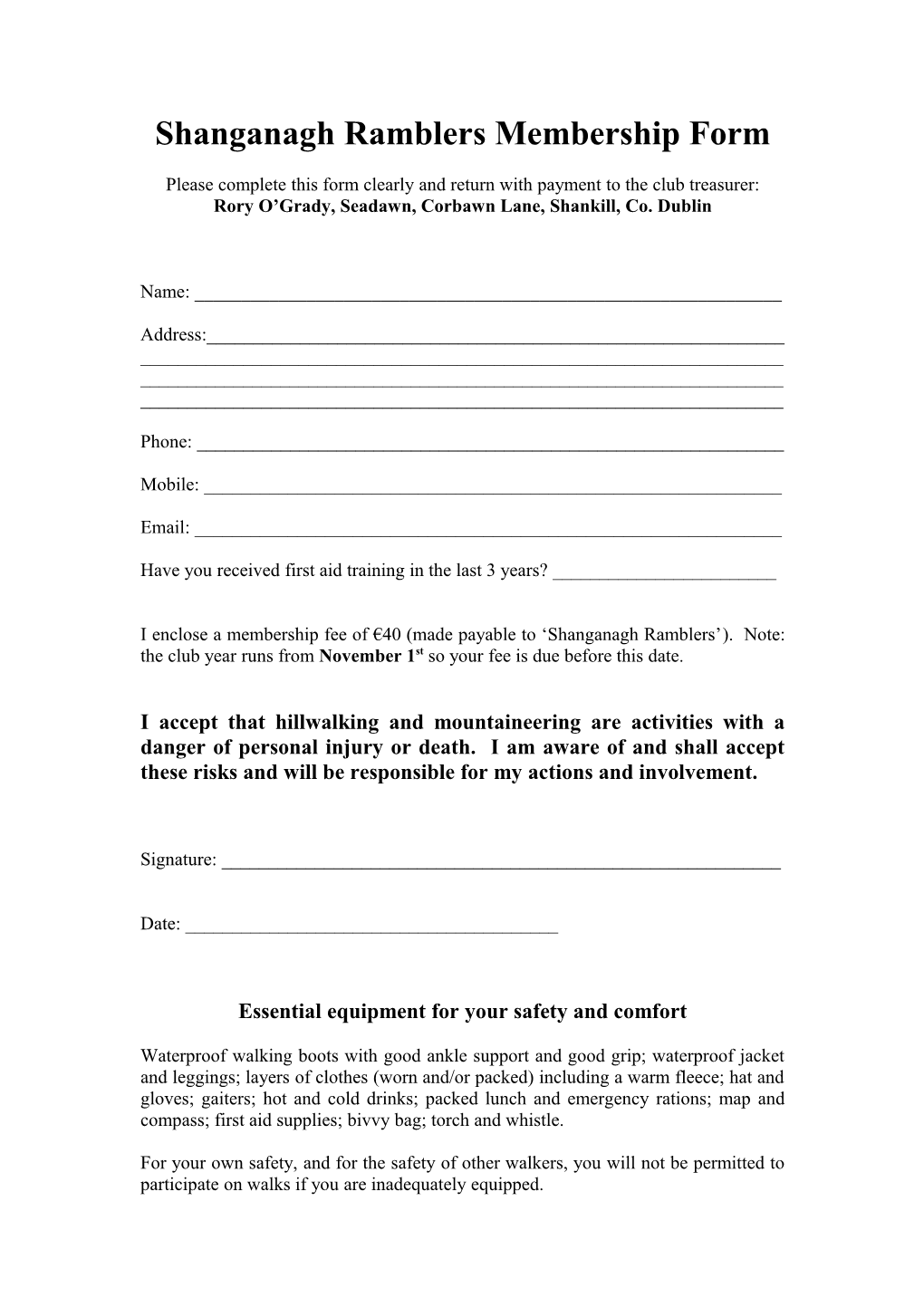 Application Form for the Shanganagh Ramblers Hillwalking Club