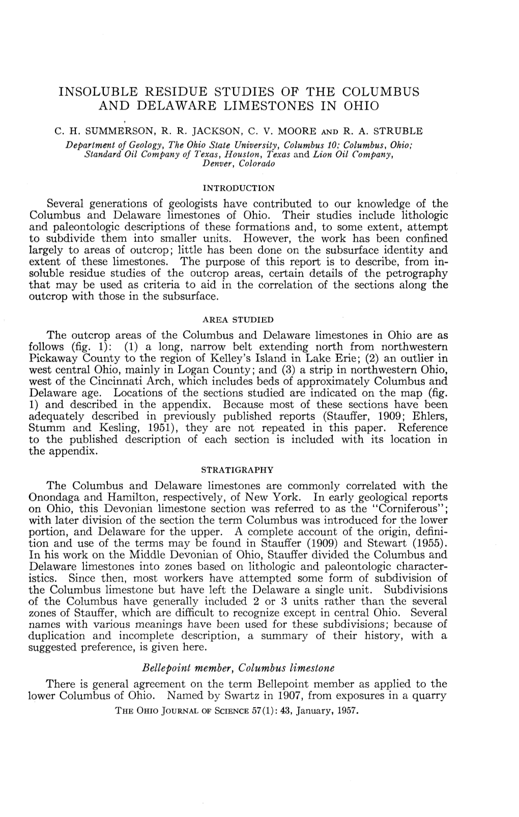 Insoluble Residue Studies of the Columbus and Delaware Limestones in Ohio