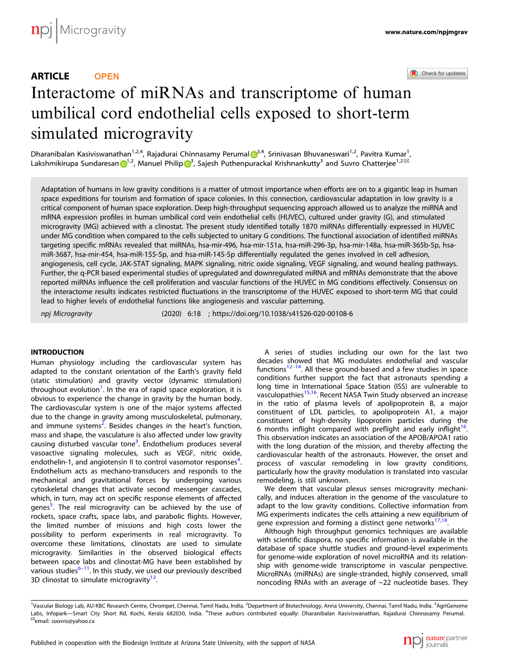 Interactome of Mirnas and Transcriptome of Human Umbilical Cord Endothelial Cells Exposed to Short-Term Simulated Microgravity