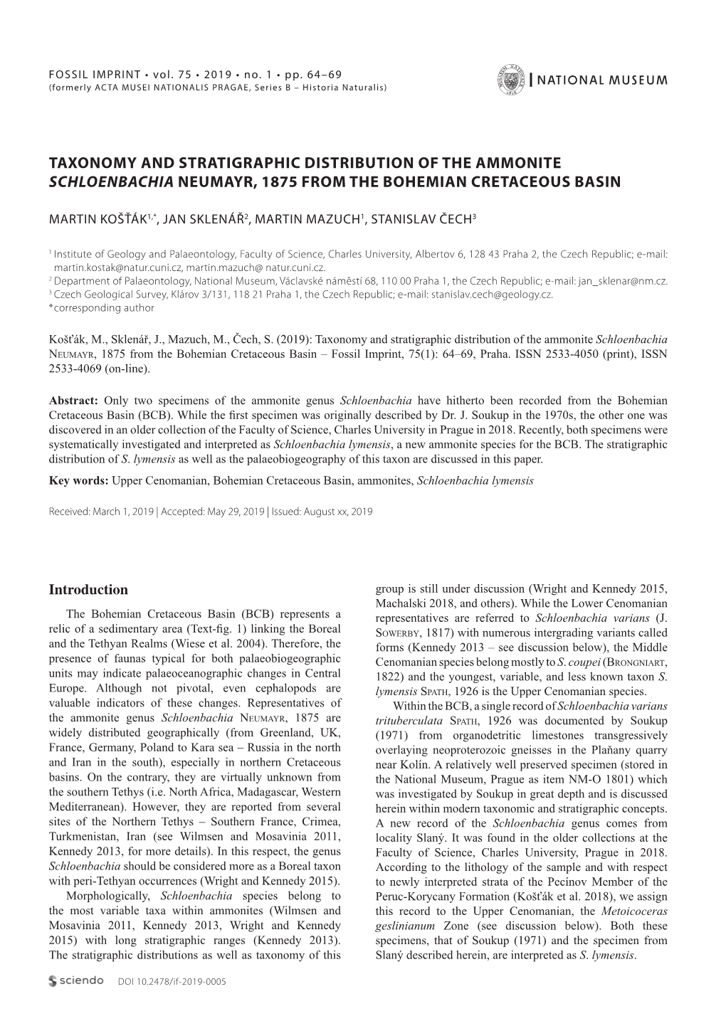 Taxonomy and Stratigraphic Distribution of the Ammonite Schloenbachia Neumayr, 1875 from the Bohemian Cretaceous Basin