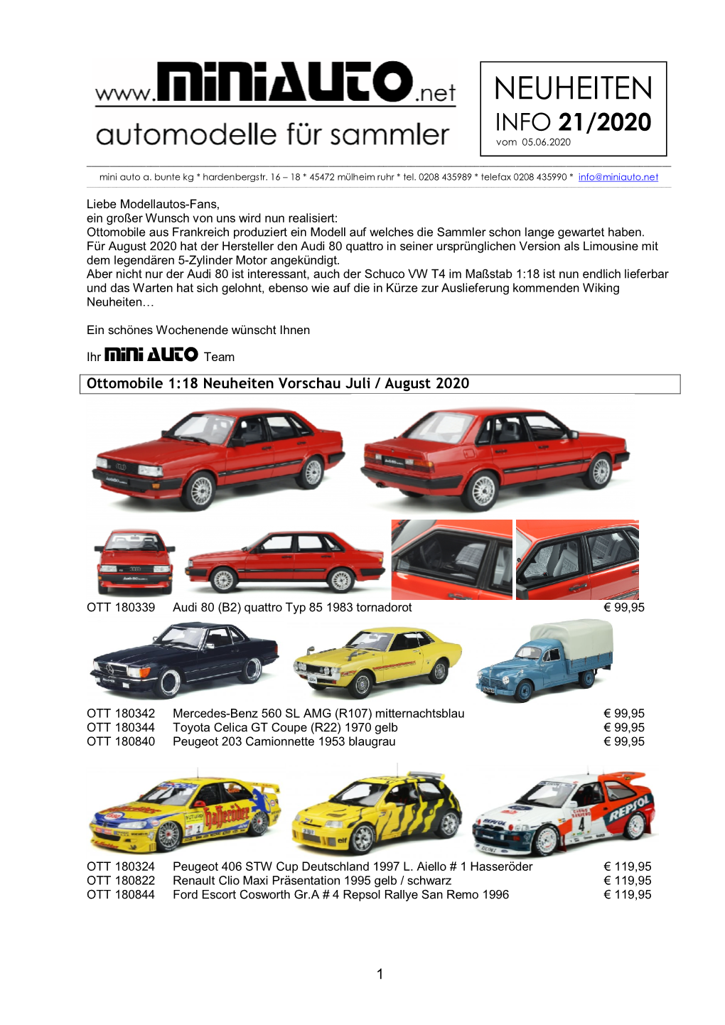 NEUHEITEN INFO 21/2020 Vom 05.06.2020 ______Mini Auto A