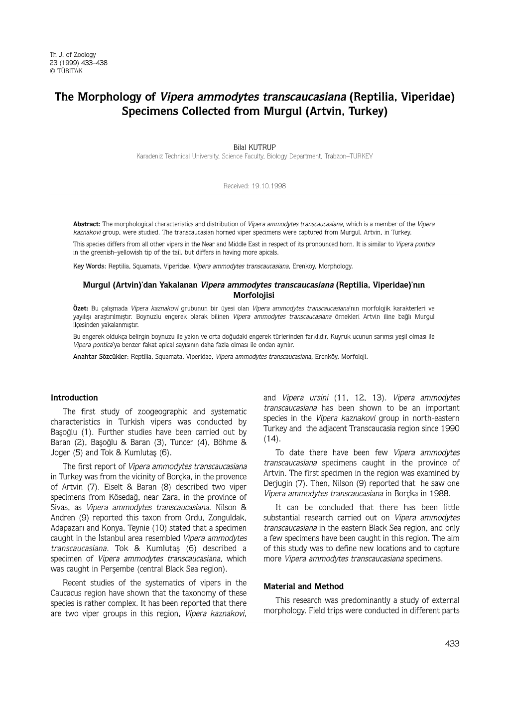 The Morphology of Vipera Ammodytes Transcaucasiana (Reptilia, Viperidae) Specimens Collected from Murgul (Artvin, Turkey)