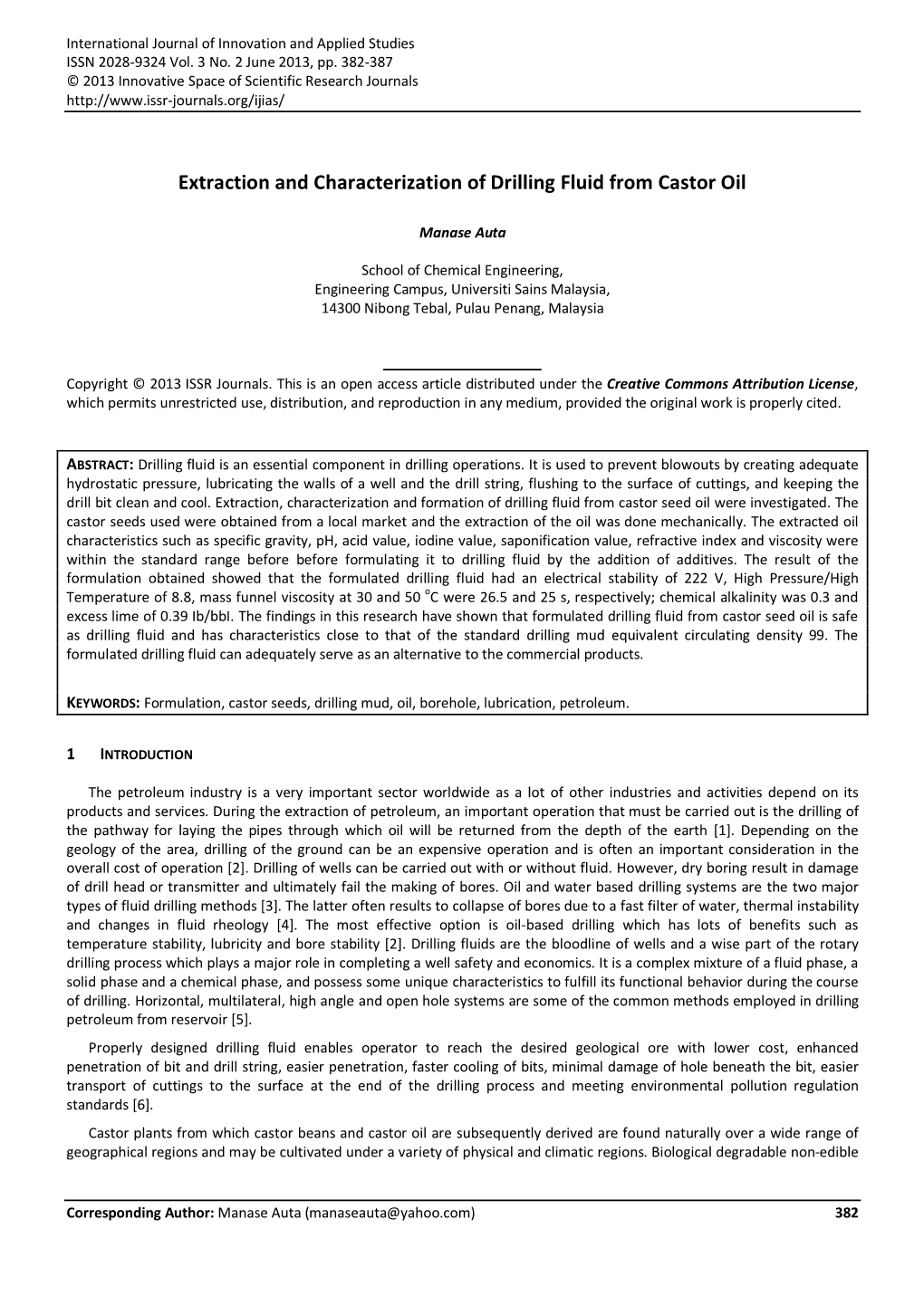 Extraction and Characterization of Drilling Fluid from Castor Oil