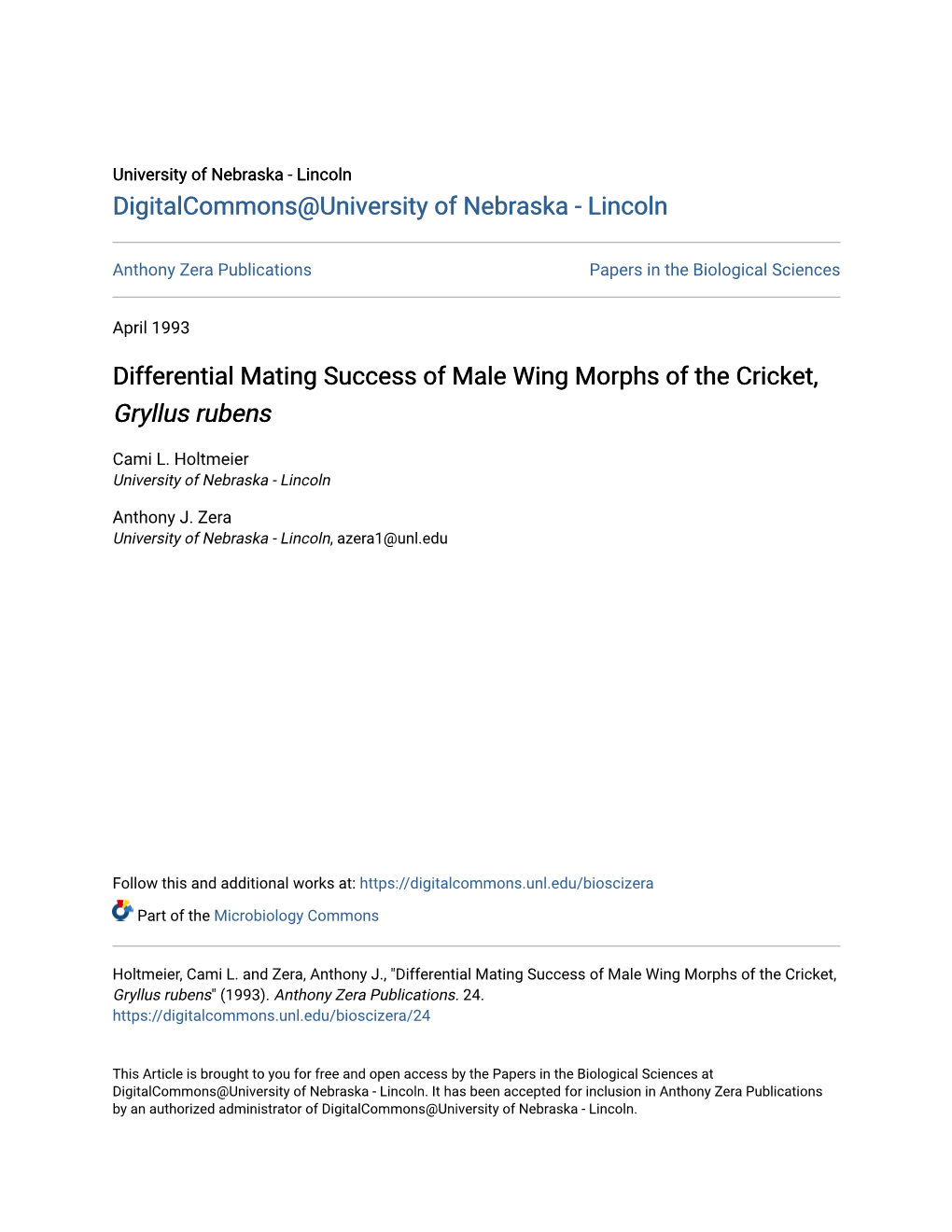 Differential Mating Success of Male Wing Morphs of the Cricket, Gryllus Rubens