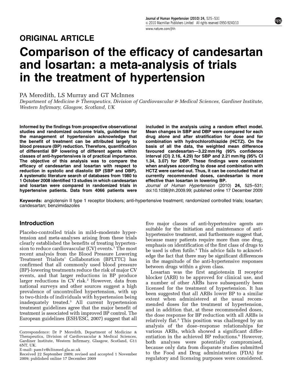 Comparison of the Efficacy of Candesartan and Losartan: a Meta-Analysis of Trials in the Treatment of Hypertension