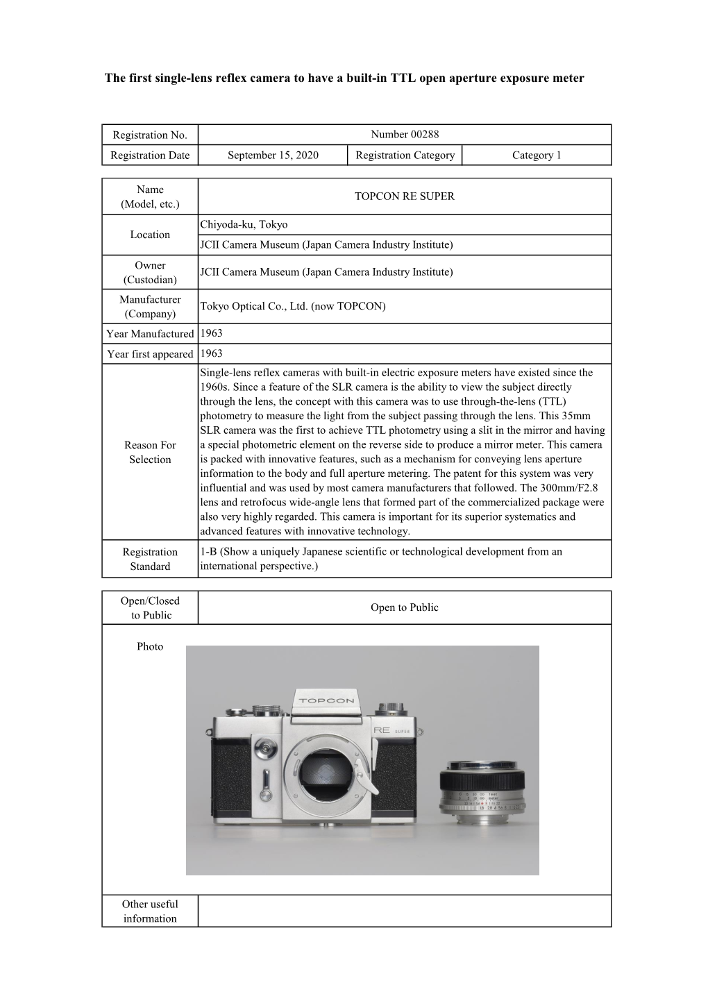 The First Single-Lens Reflex Camera to Have a Built-In TTL Open Aperture Exposure Meter