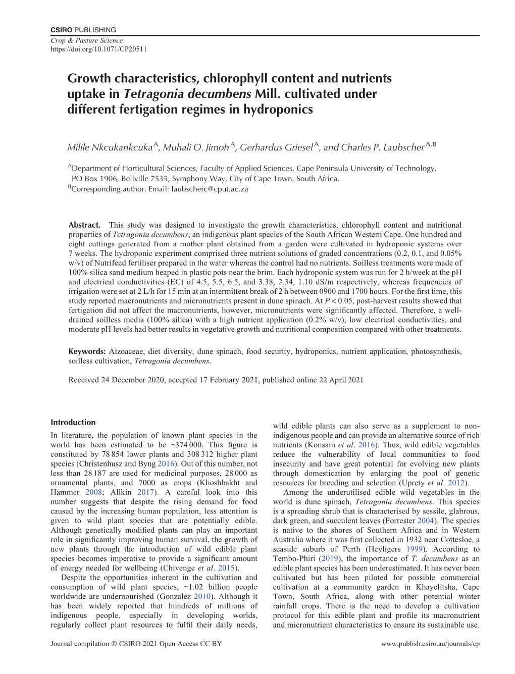 Growth Characteristics, Chlorophyll Content and Nutrients Uptake in Tetragonia Decumbens Mill