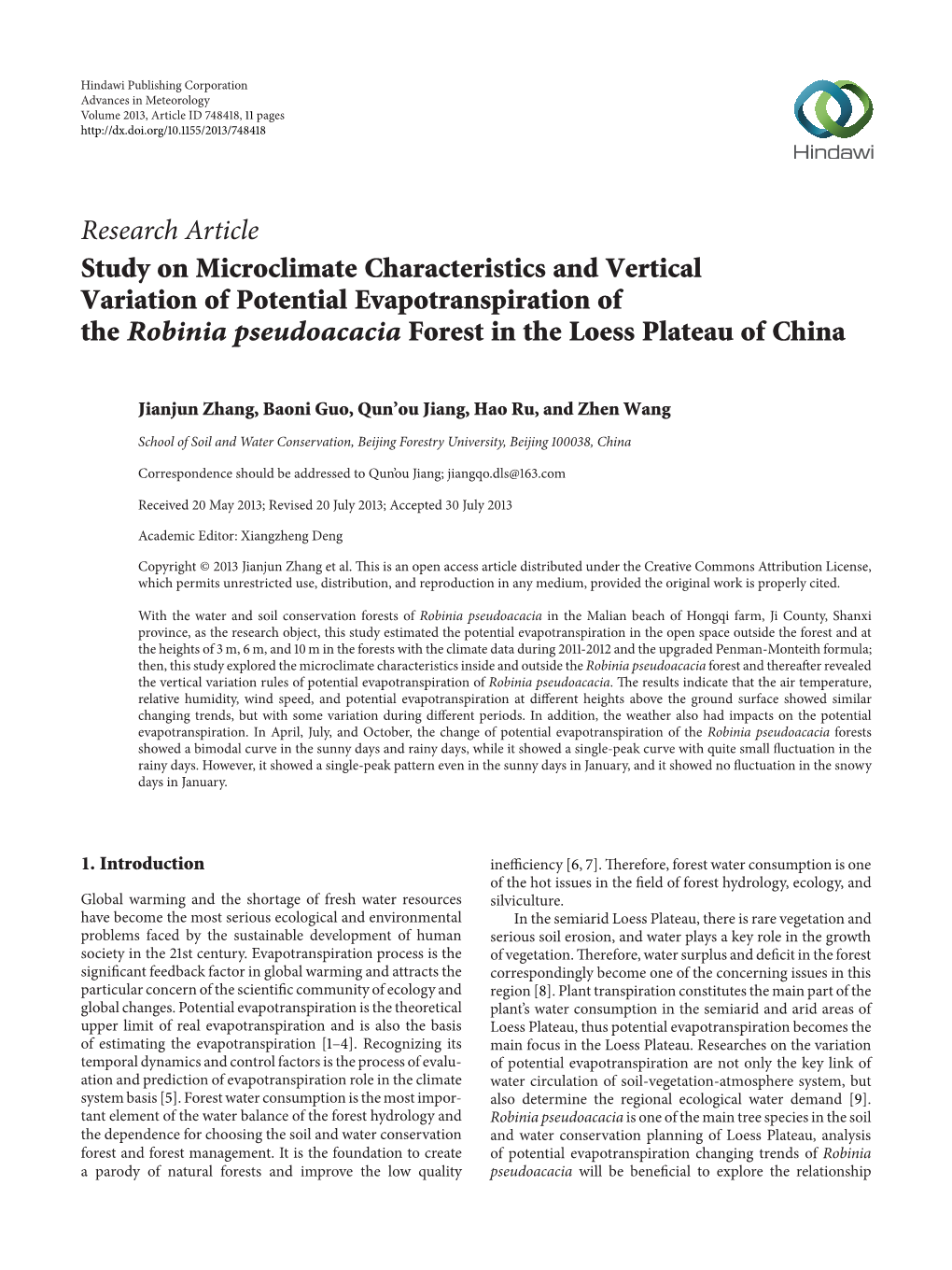 Study on Microclimate Characteristics and Vertical Variation of Potential Evapotranspiration of the Robinia Pseudoacacia Forest in the Loess Plateau of China