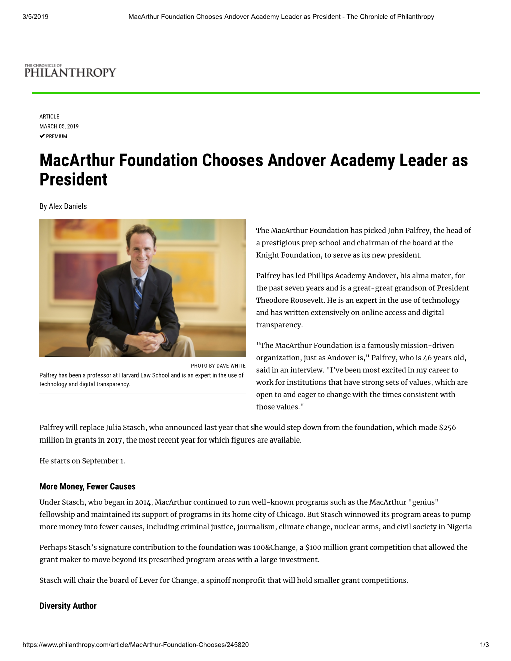 Macarthur Foundation Chooses Andover Academy Leader As President - the Chronicle of Philanthropy