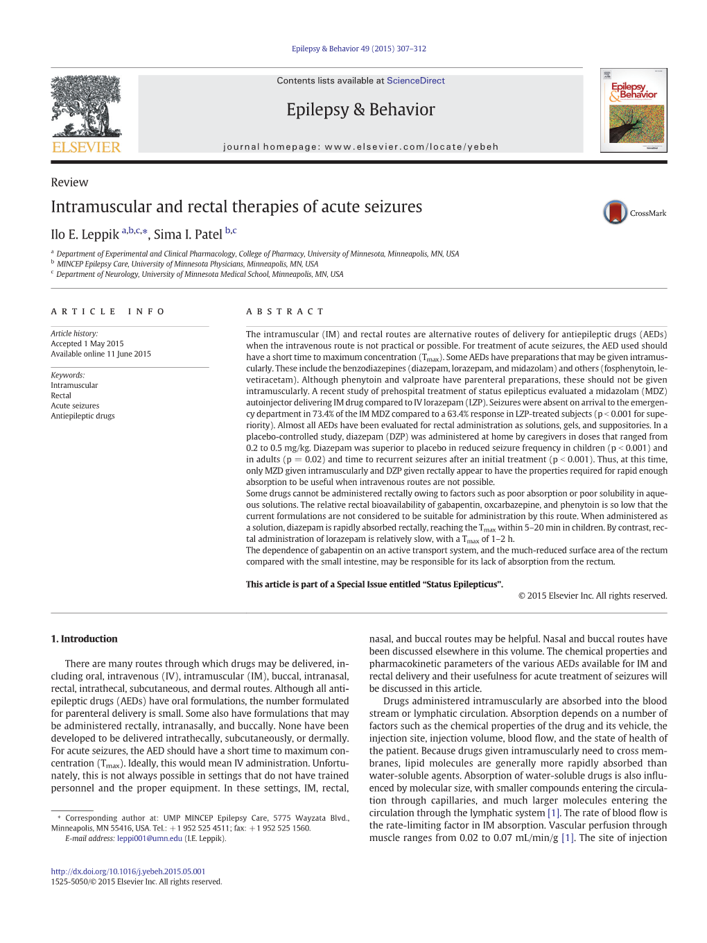 Intramuscular and Rectal Therapies of Acute Seizures