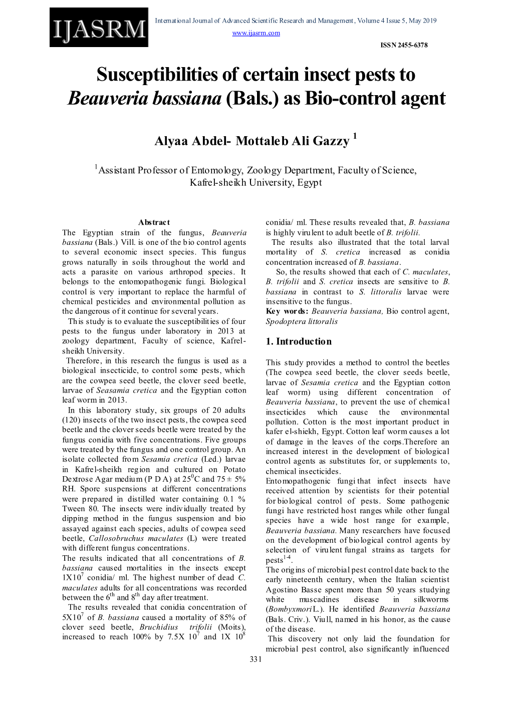 Susceptibilities of Certain Insect Pests to Beauveria Bassiana (Bals.) As Bio-Control Agent