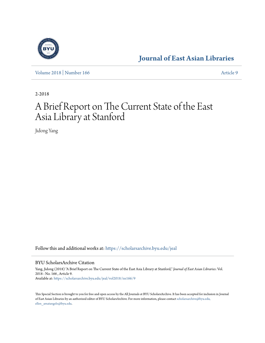 A Brief Report on the Current State of the East Asia Library at Stanford