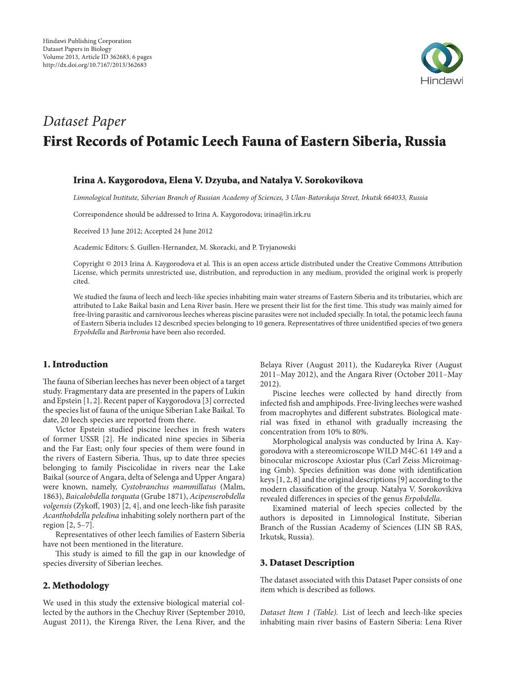 Dataset Paper First Records of Potamic Leech Fauna of Eastern Siberia, Russia