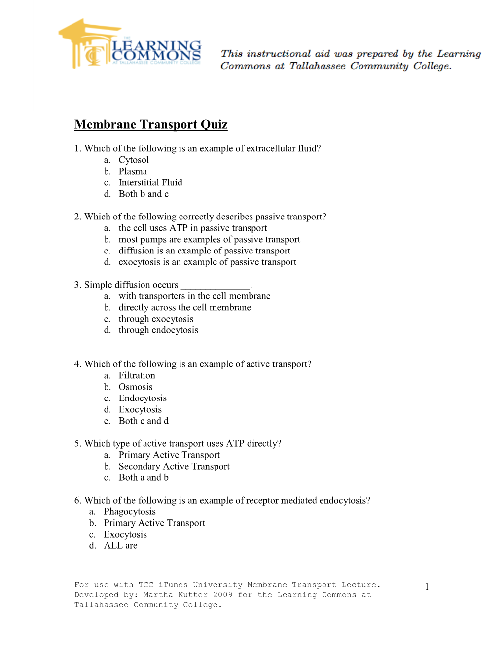 Membrane Transport Quiz