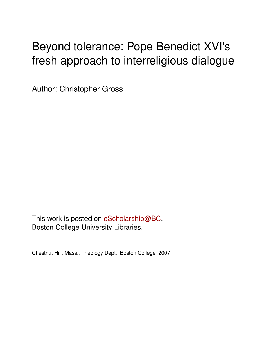 Pope Benedict XVI's Fresh Approach to Interreligious Dialogue