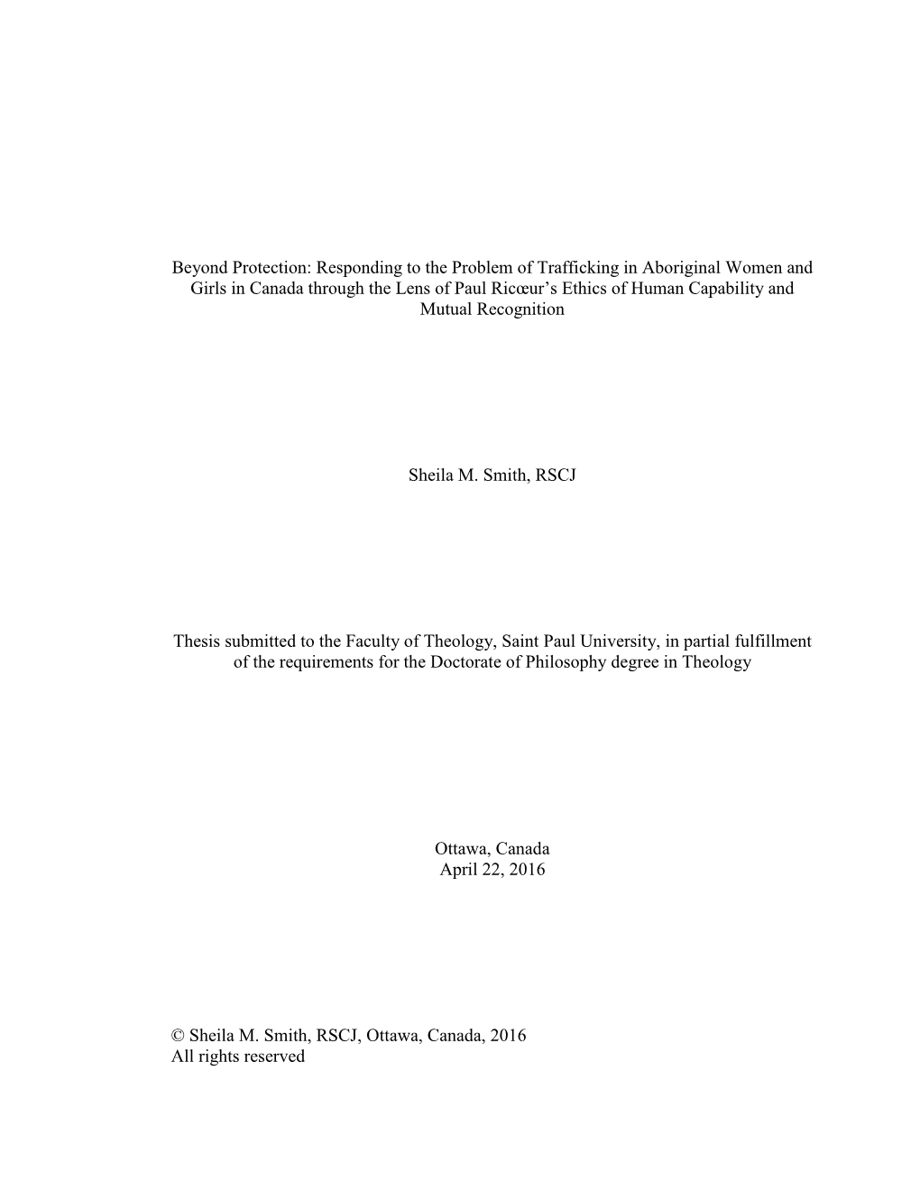 Responding to the Problem of Trafficking in Aboriginal Women and Girls in Canada Through the Lens of Paul Ricœur’S Ethics of Human Capability and Mutual Recognition