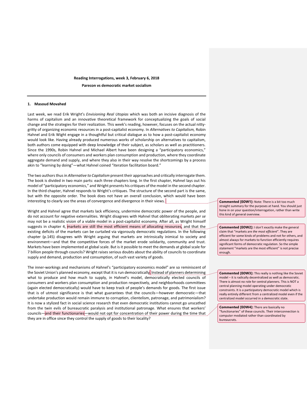 Reading Interrogations, Week 3, February 6, 2018 Parecon Vs Democratic Market Socialism