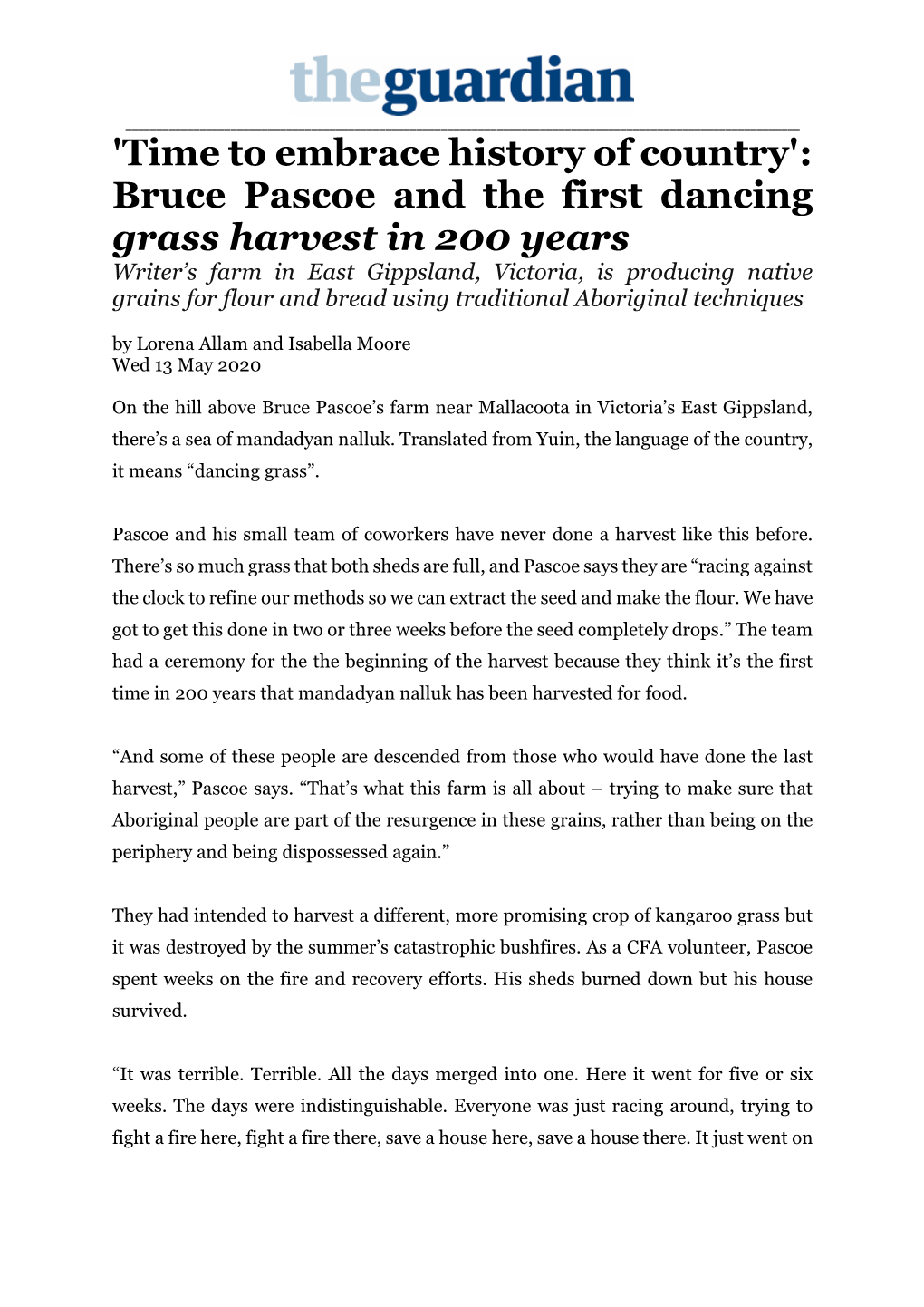 Bruce Pascoe and the First Dancing Grass Harvest In