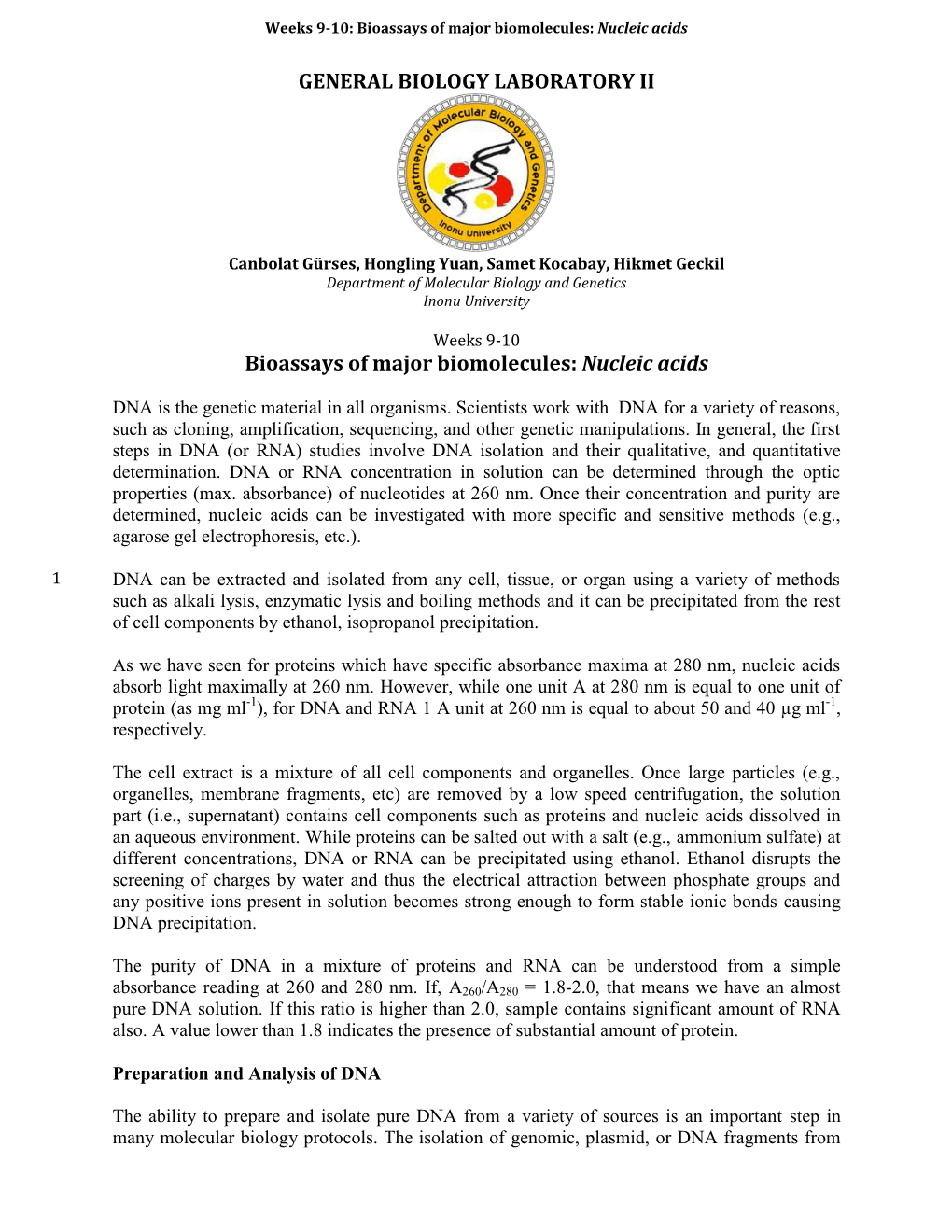GENERAL BIOLOGY LABORATORY II Bioassays of Major Biomolecules: Nucleic Acids
