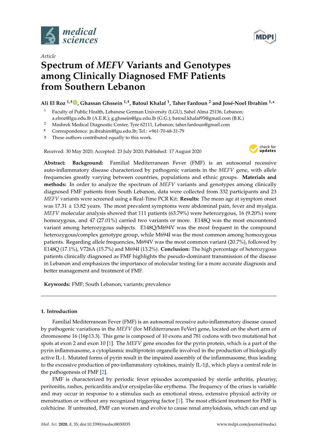 Spectrum of MEFV Variants and Genotypes Among Clinically Diagnosed FMF Patients from Southern Lebanon