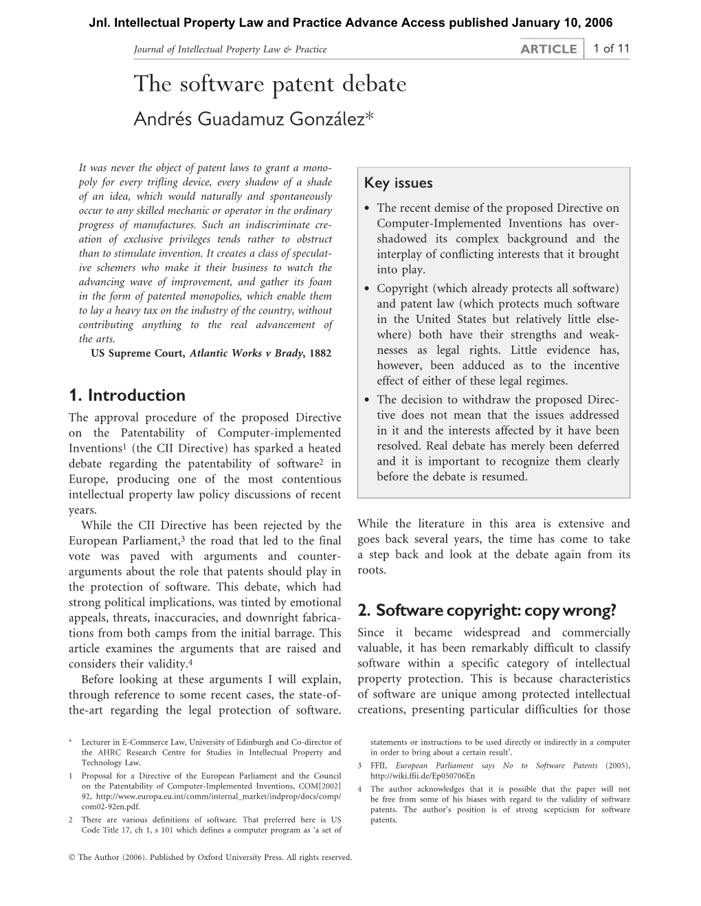 The Software Patent Debate Andre´S Guadamuz Gonza´Lez*