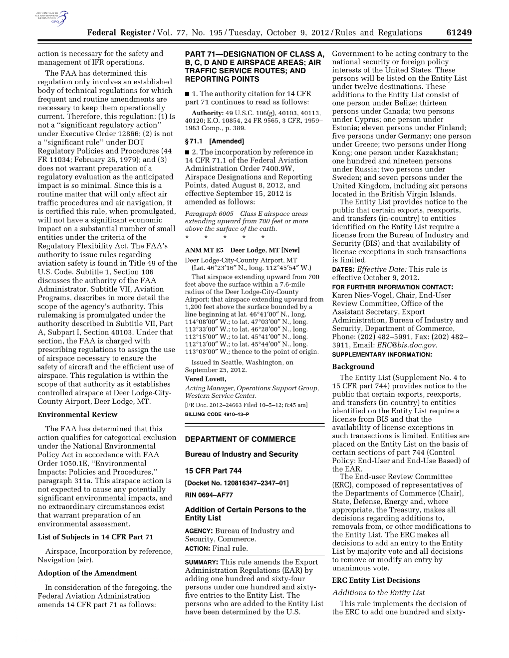 Federal Register/Vol. 77, No. 195/Tuesday, October 9, 2012/Rules and Regulations