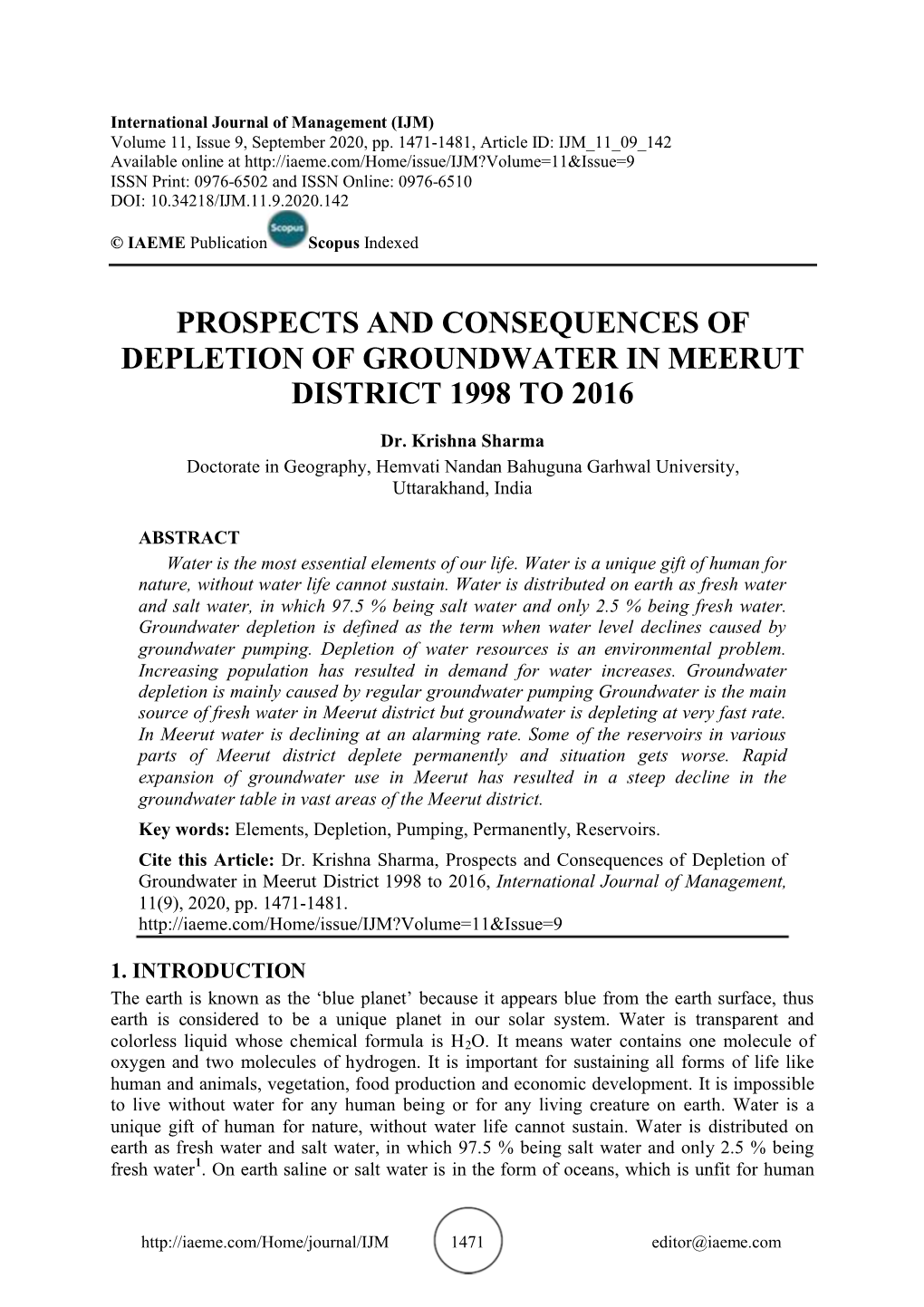 Prospects and Consequences of Depletion of Groundwater in Meerut District 1998 to 2016