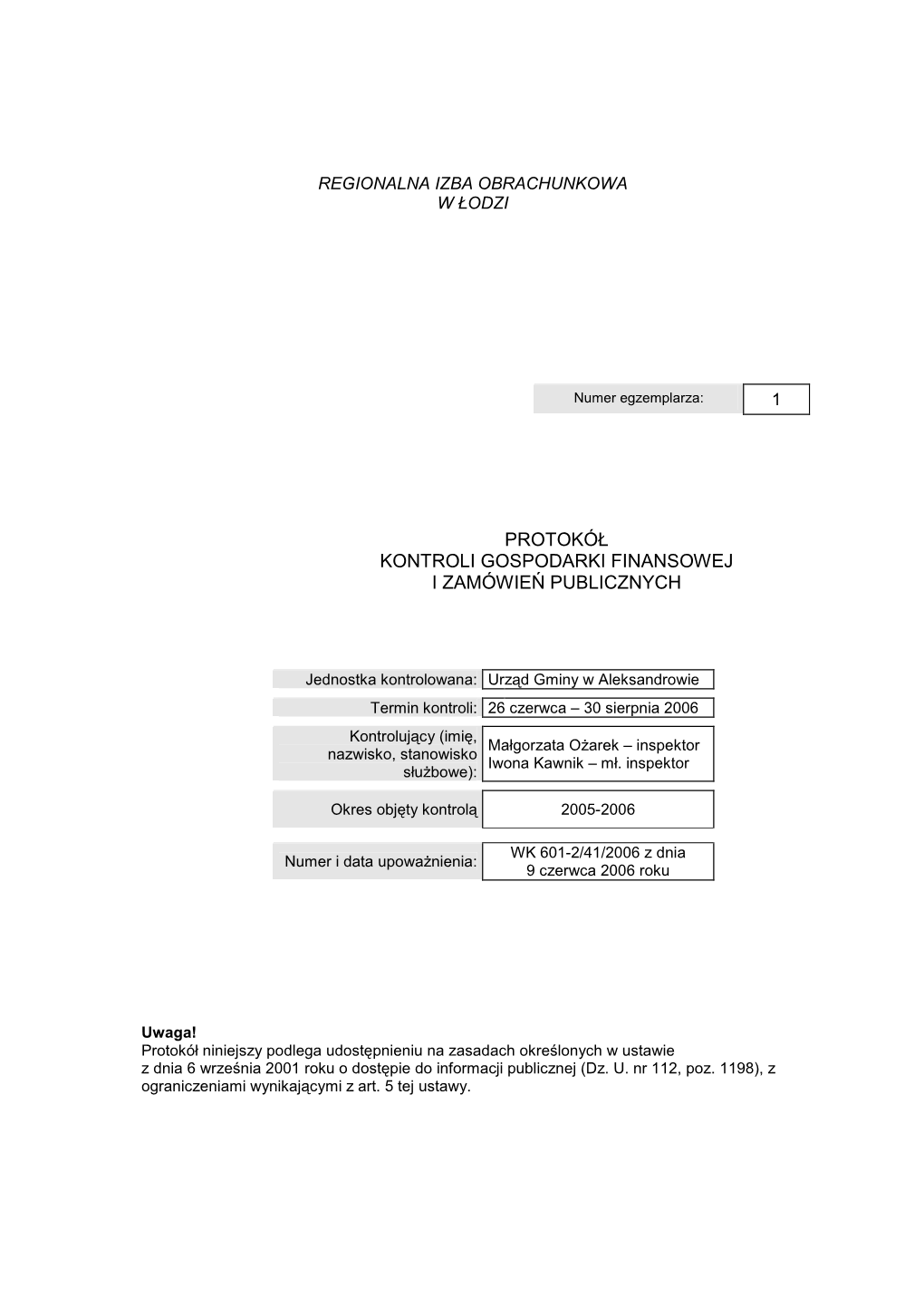 Protokół Kontroli Gospodarki Finansowej I Zamówie Ń Publicznych