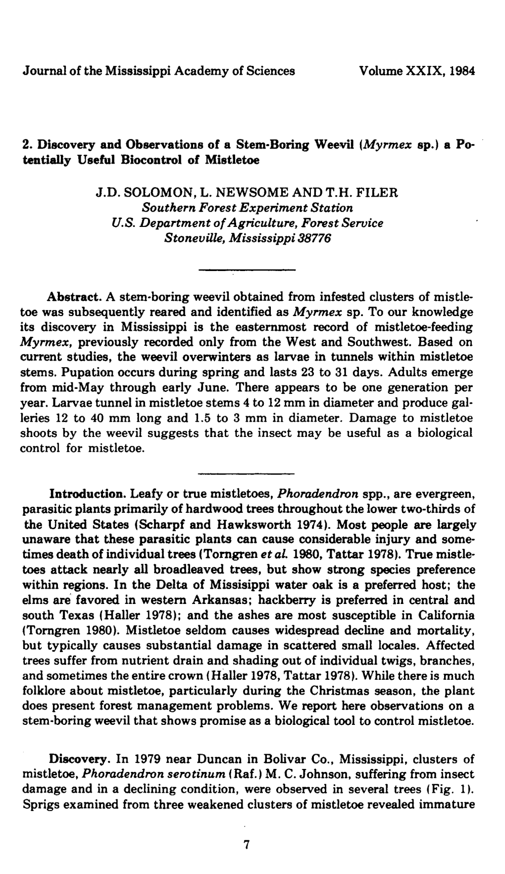 Journal of the Mississippi Academy of Sciences Volume XXIX, 1984