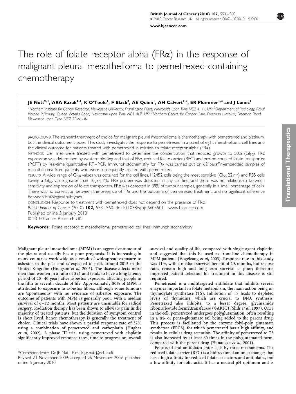 The Role of Folate Receptor Alpha (Fra) in the Response of Malignant Pleural Mesothelioma to Pemetrexed-Containing Chemotherapy