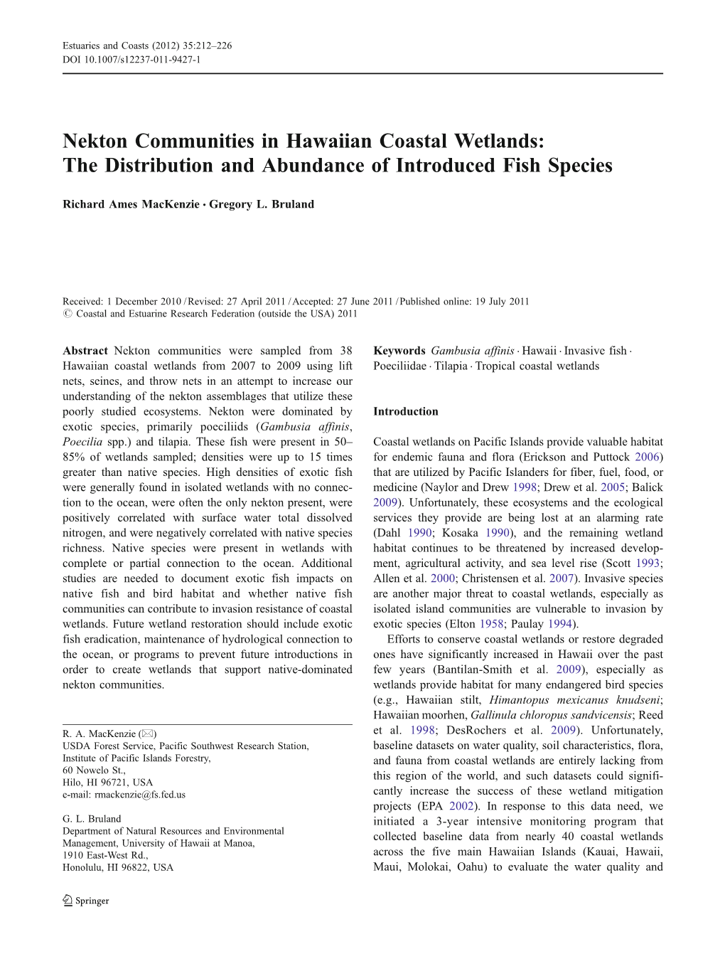 Nekton Communities in Hawaiian Coastal Wetlands: the Distribution and Abundance of Introduced Fish Species