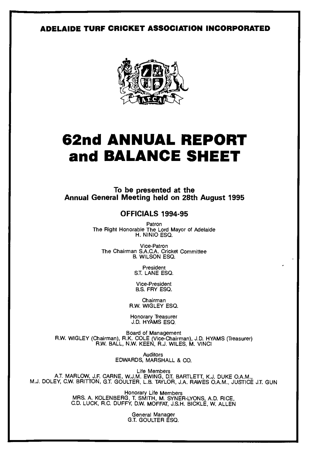 62Nd ANNUAL REPORT and BALANCE SHEET