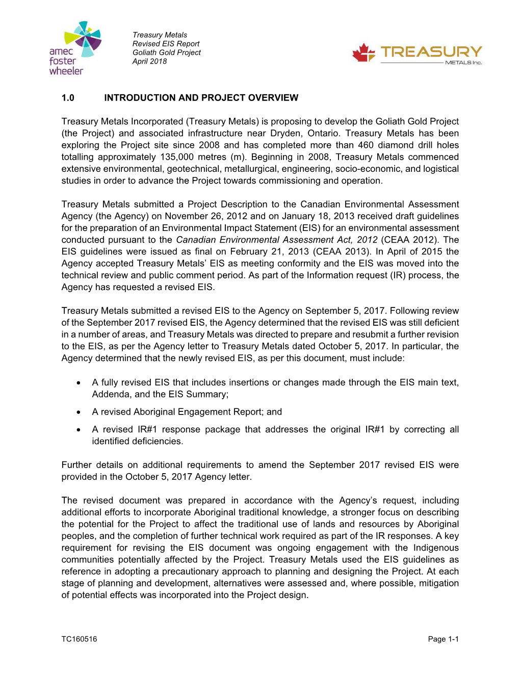 Treasury Metals Revised EIS Report Goliath Gold Project April 2018