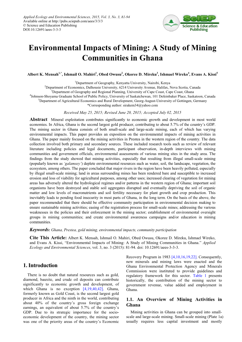 Environmental Impacts of Mining: a Study of Mining Communities in Ghana