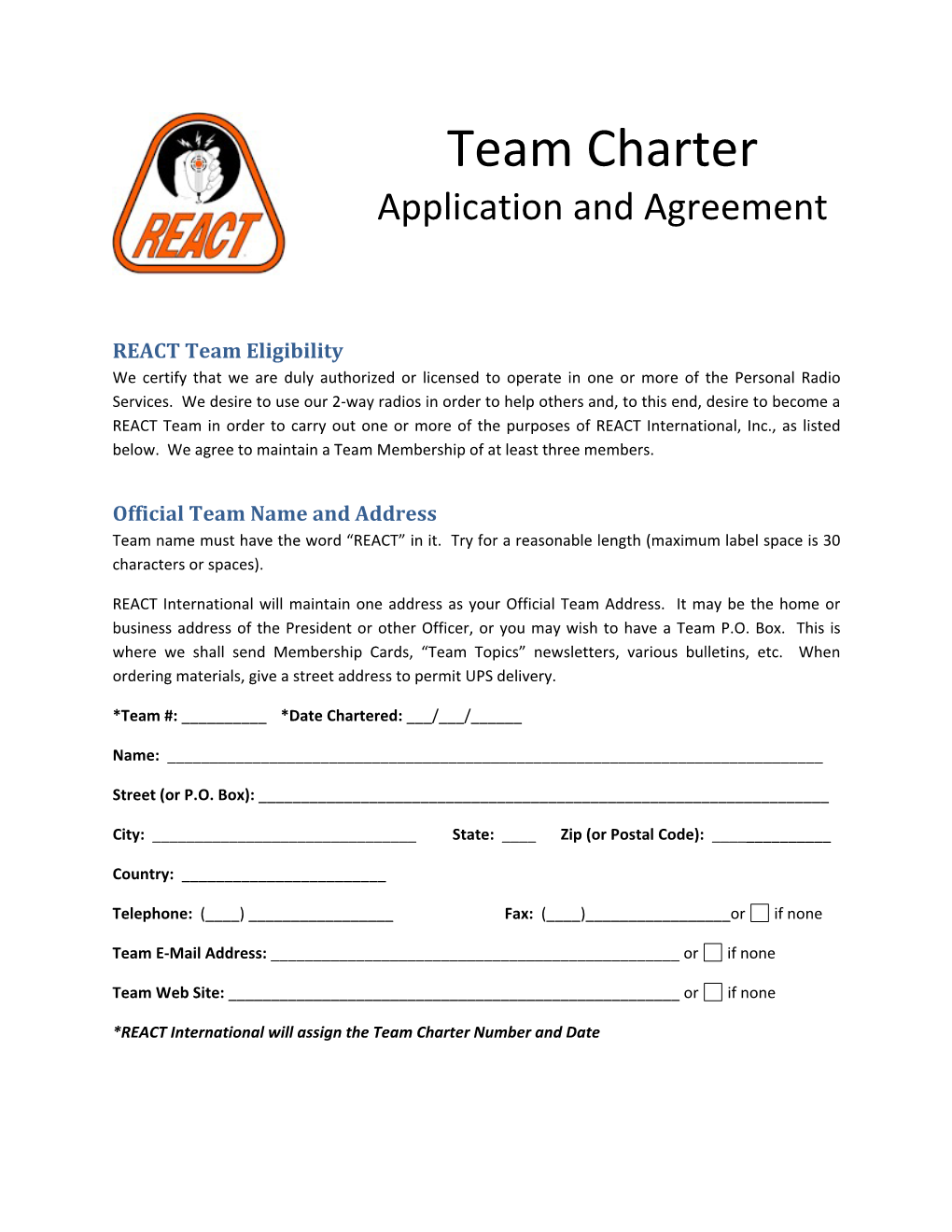 Team Charter Application and Agreement