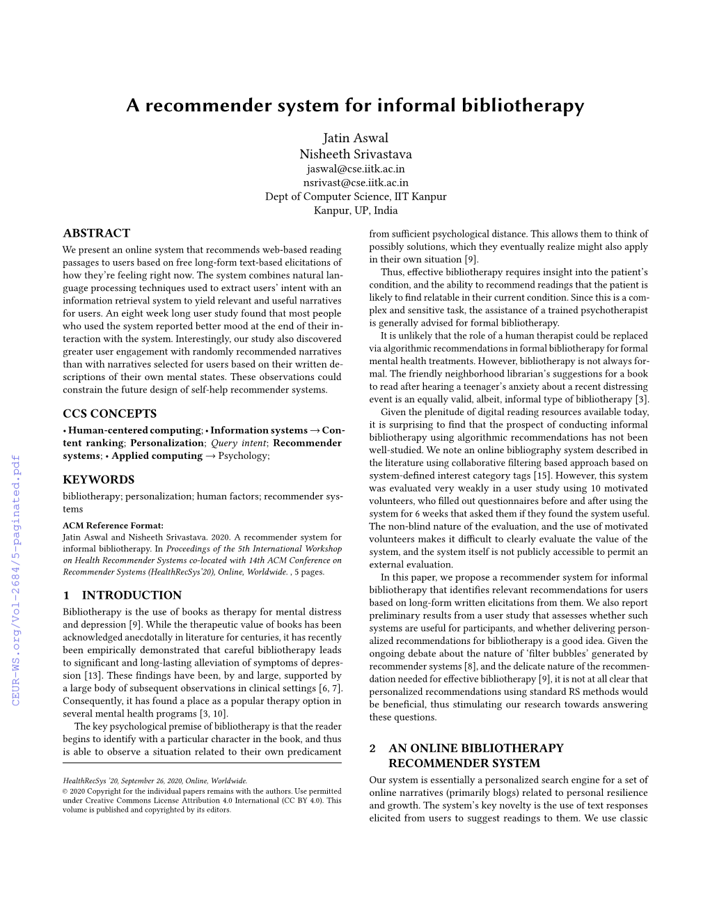 A Recommender System for Informal Bibliotherapy