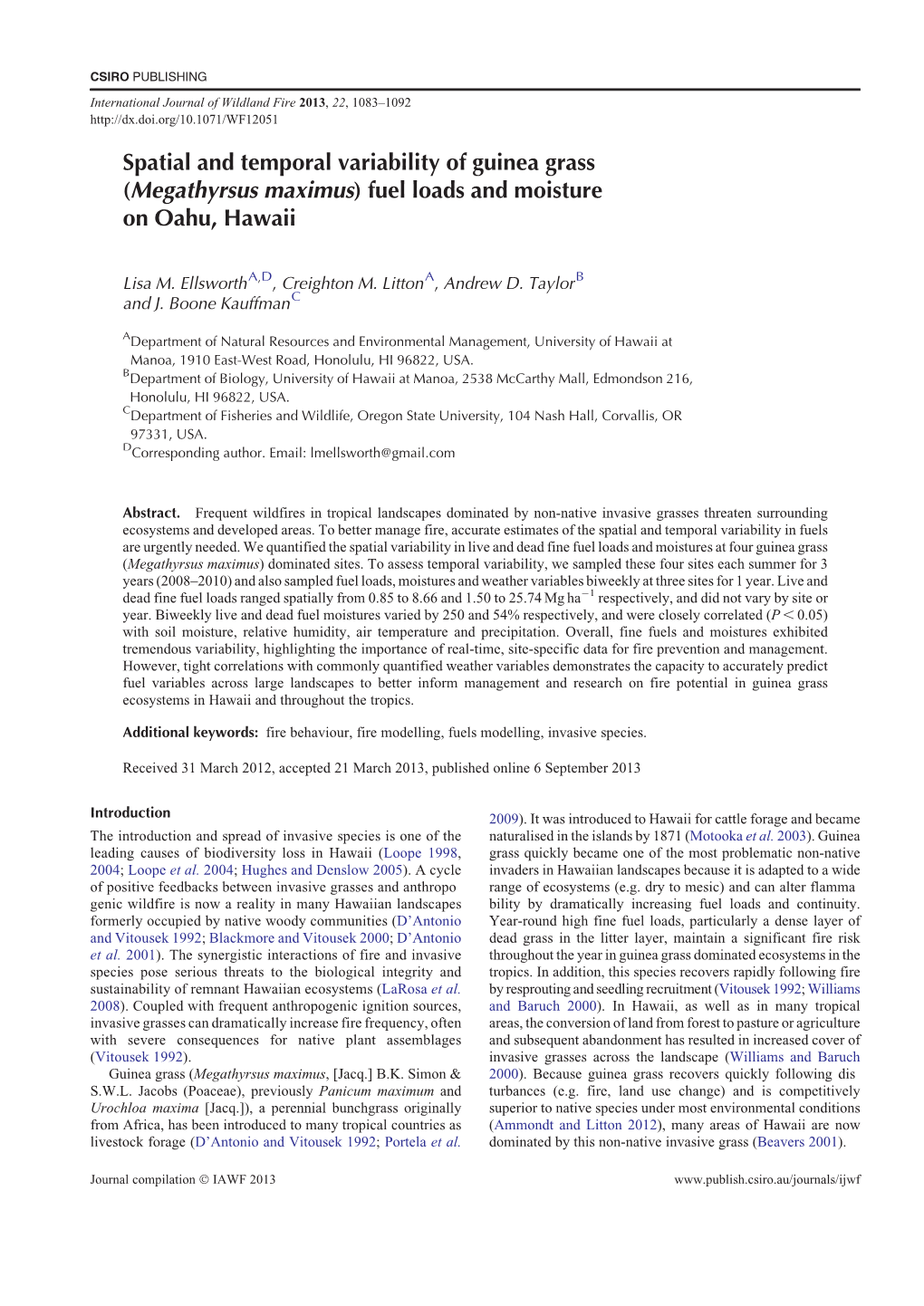 Spatial and Temporal Variability of Guinea Grass (Megathyrsus Maximus) Fuel Loads and Moisture on Oahu, Hawaii