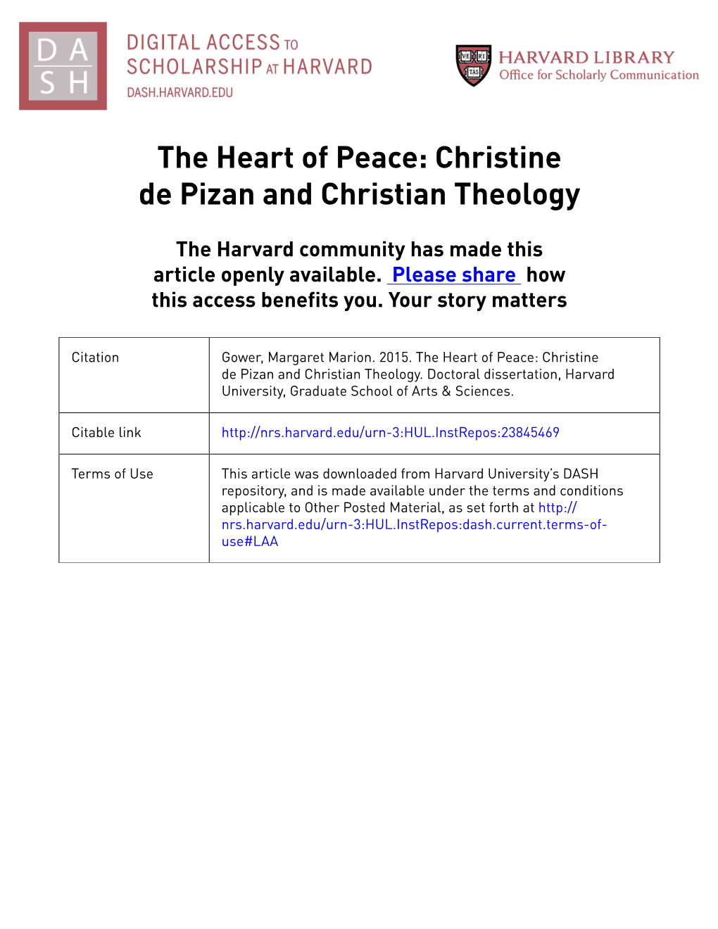 The Heart of Peace: Christine De Pizan and Christian Theology