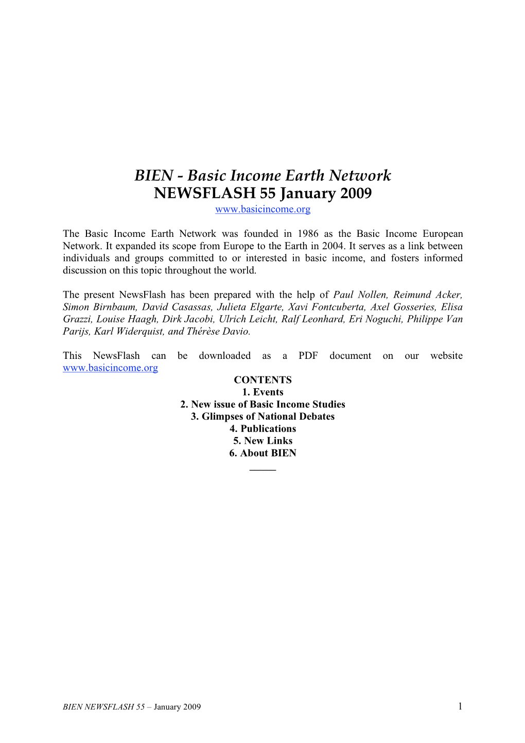 BIEN - Basic Income Earth Network NEWSFLASH 55 January 2009