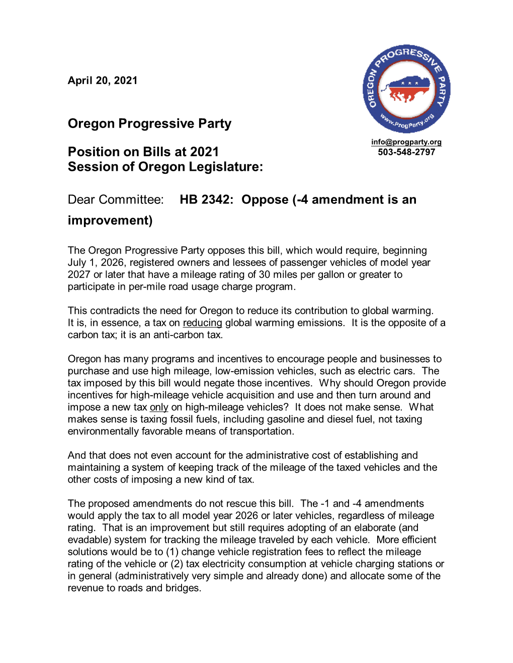 Oregon Progressive Party Position on Bills at 2021 Session of Oregon Legislature