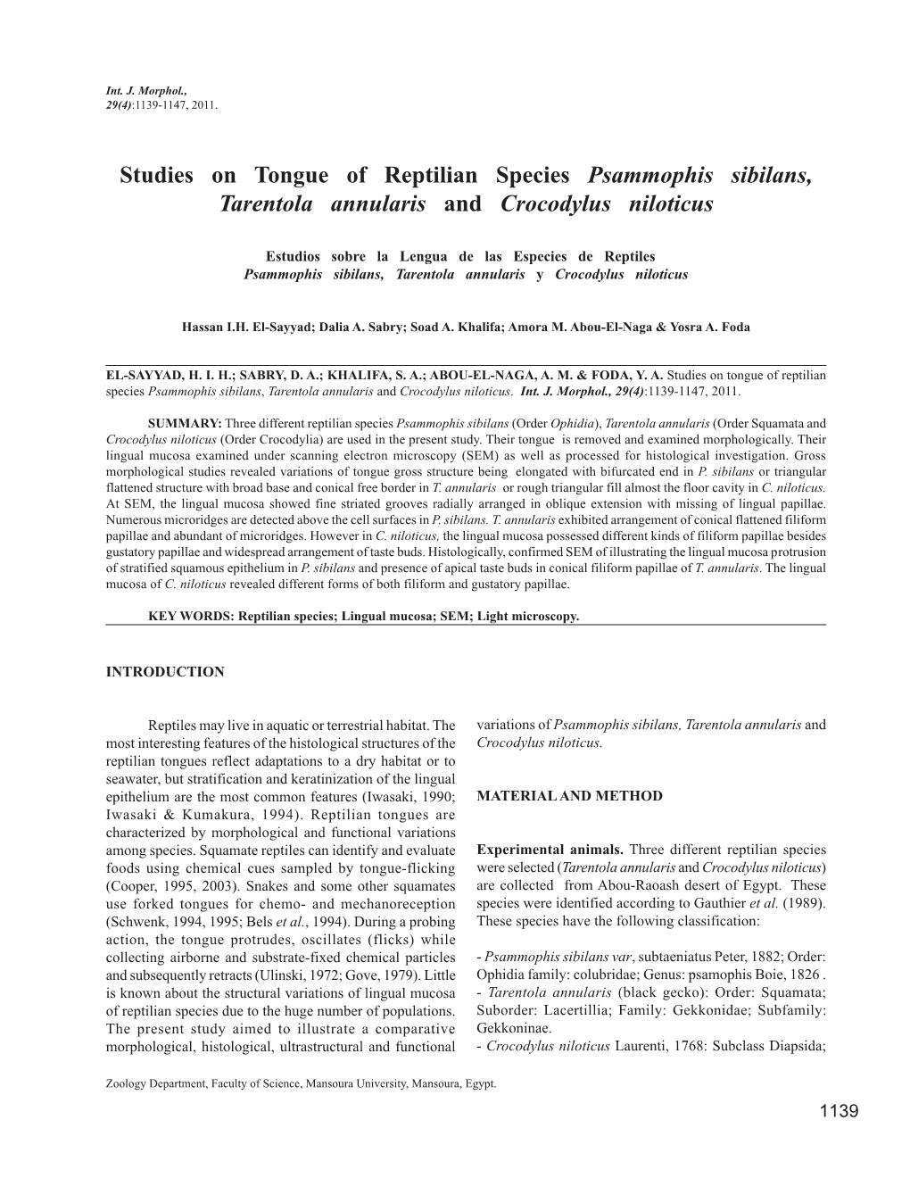 Studies on Tongue of Reptilian Species Psammophis Sibilans, Tarentola Annularis and Crocodylus Niloticus