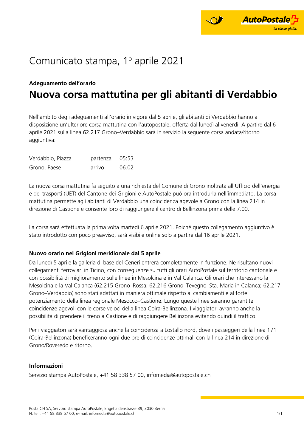 Comunicato Stampa, 1O Aprile 2021 Nuova Corsa Mattutina Per Gli