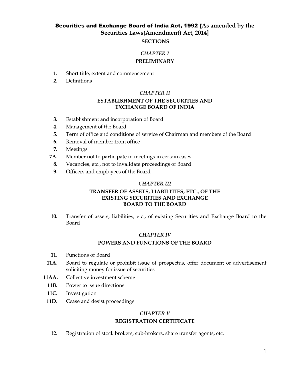 Securities and Exchange Board of India Act, 1992 [As Amended by the Securities Laws(Amendment) Act, 2014] SECTIONS