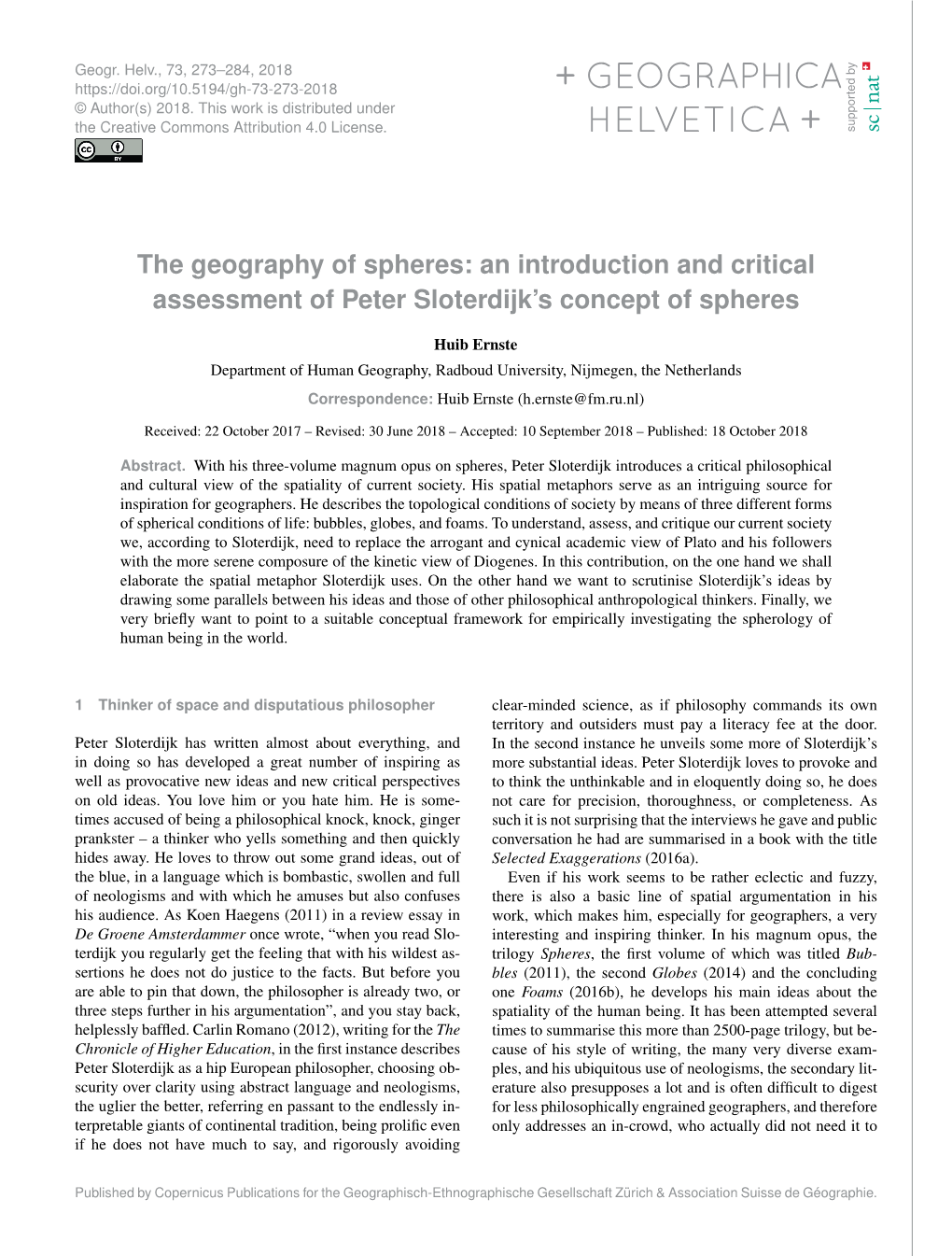 An Introduction and Critical Assessment of Peter Sloterdijk’S Concept of Spheres