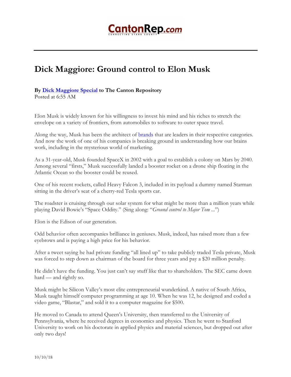 Dick Maggiore: Ground Control to Elon Musk