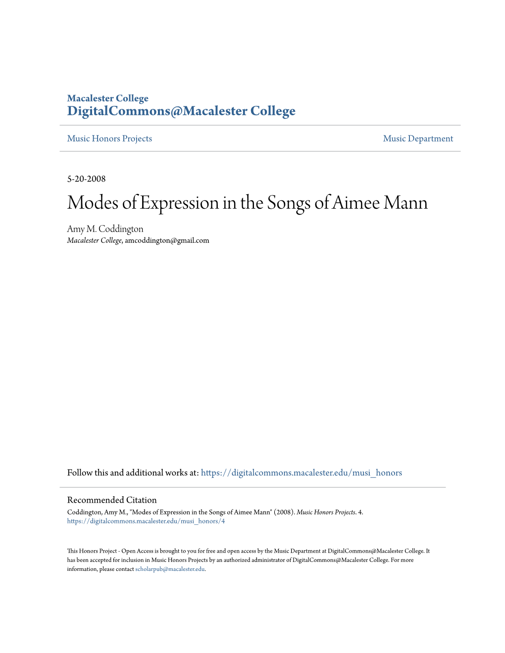 Modes of Expression in the Songs of Aimee Mann Amy M