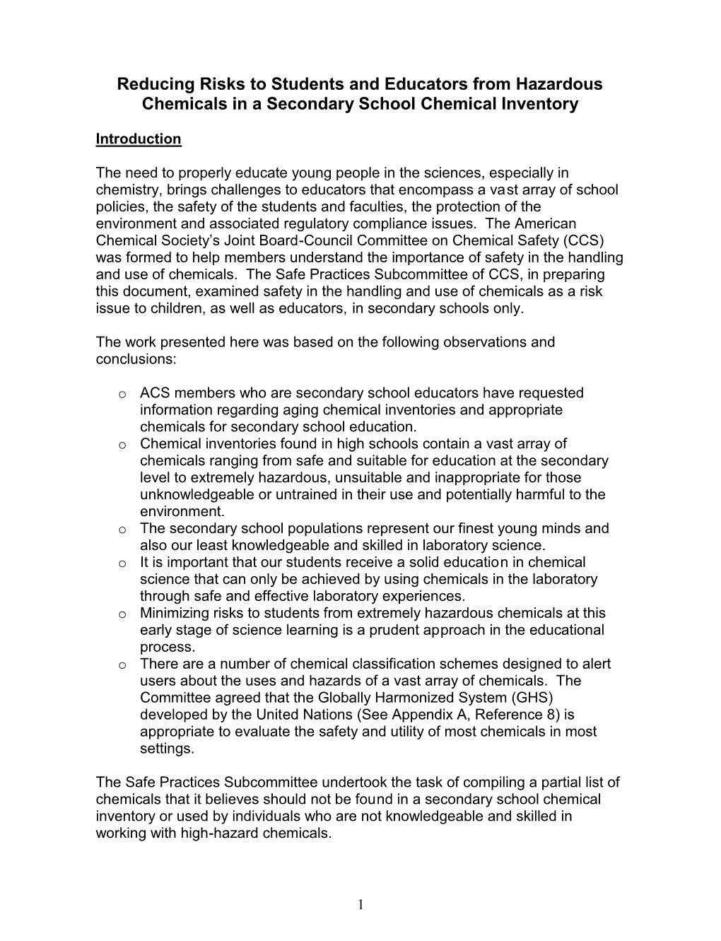 Reducing Risks to Students and Educators from Hazardous Chemicals in a Secondary School Chemical Inventory