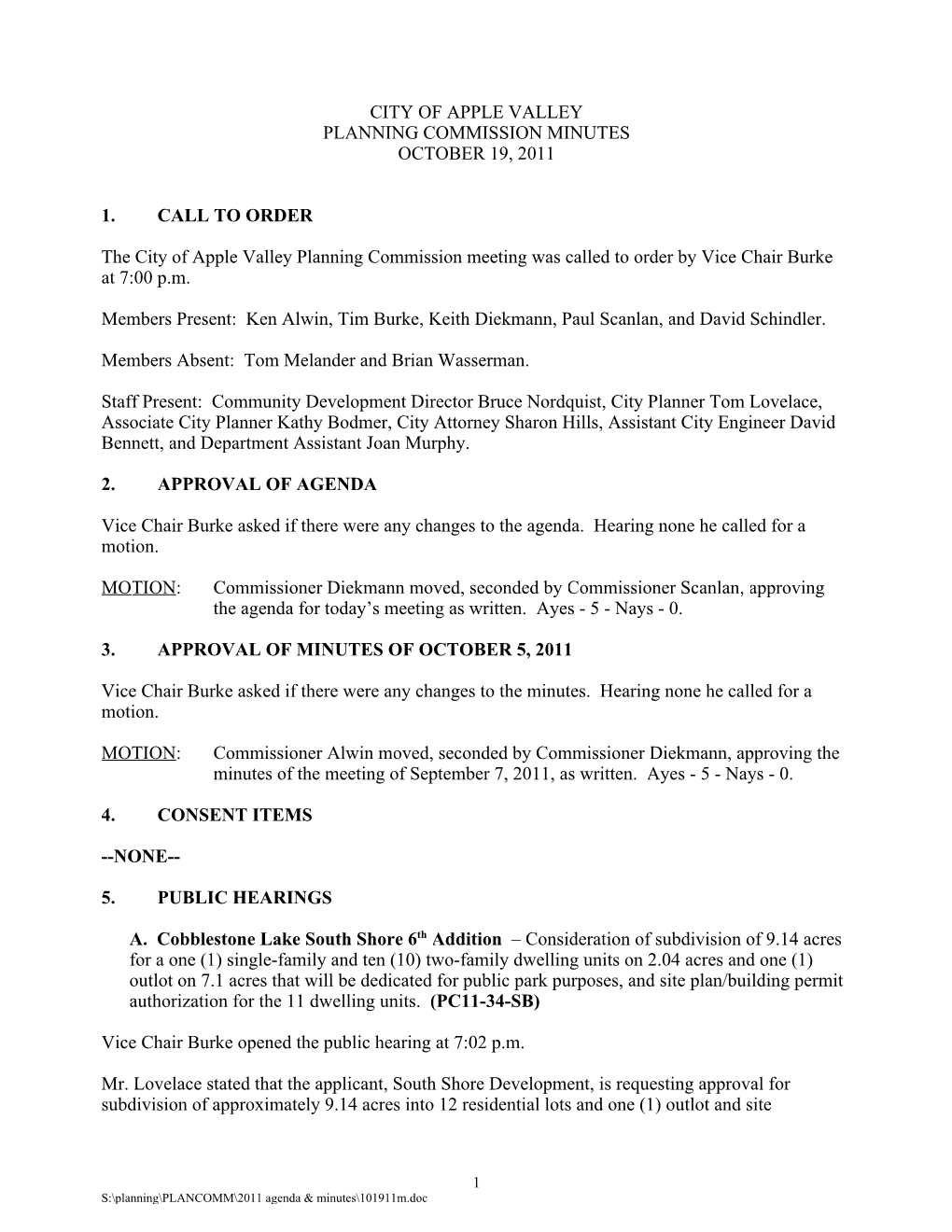 Planning Commission Minutes October 19, 2011